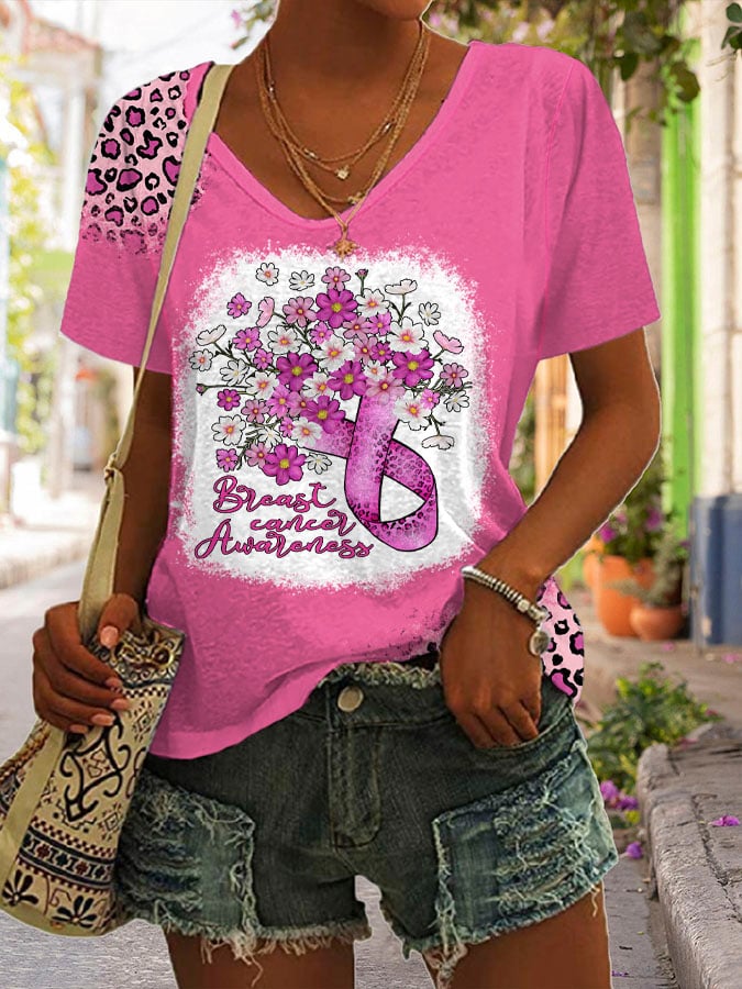 Women's Breast Cancer Awareness Print V Neck T-shirt