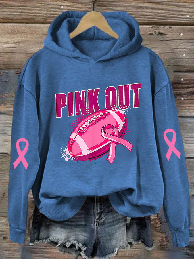 Women's Pink Out Breast Cancer Football Print Casual Hoodie