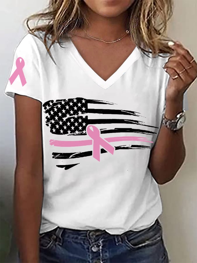 Women's Pink Ribbon Breast Cancer Awareness American Flag V-Neck Tee