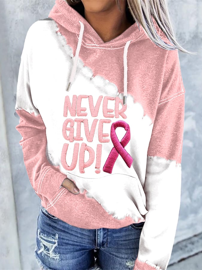 Women's Never Give Up Pink Ribbon Breast Cancer Awareness Print Hoodie