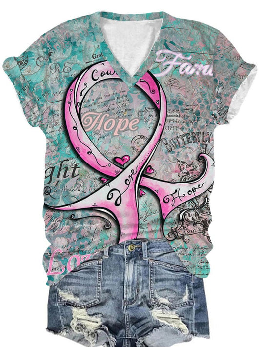 Women's hope fight family love pink ribbon V-neck T-shirt