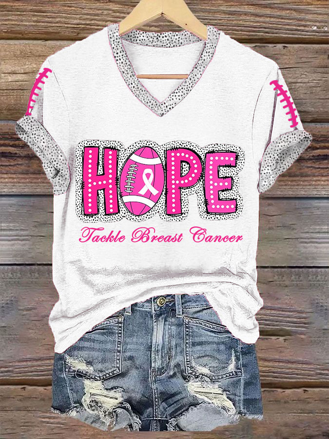 Women's Hope Tackle Breast Cancer Football Gameday V-Neck Tee