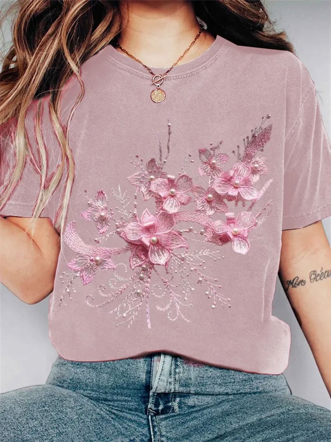 Women's Breast Cancer Awareness Flower Print Casual T-Shirt