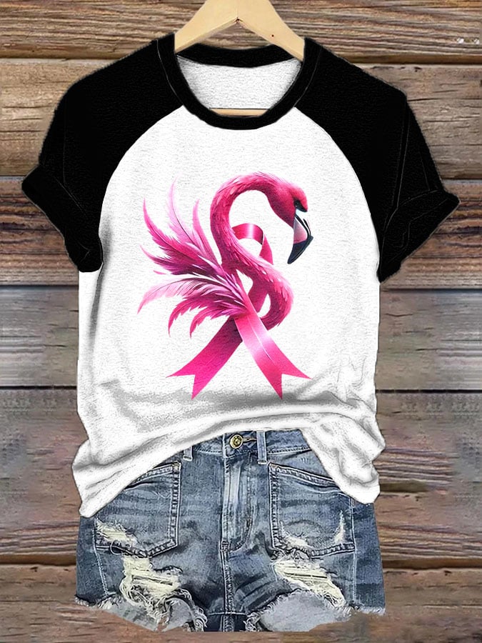 Women's Flamingo Pink Ribbon Breast Cancer Print Raglan Sleeve Crew Neck T-Shirt