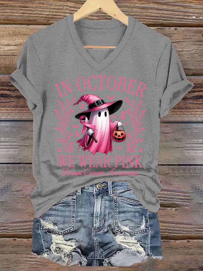 Women's In October We Wear Pink Halloween Ghost Breast Cancer Awareness Warrior V-Neck Tee