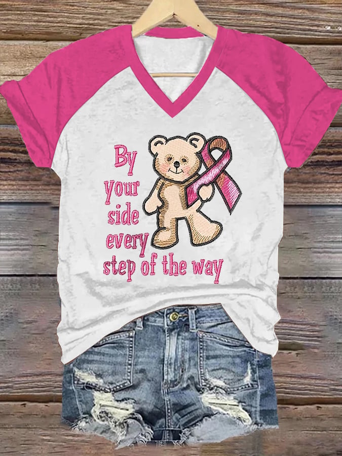 Women's By Your Side Every Step Of The Way Breast Cancer Awareness Print Casual V-Neck T-Shirt