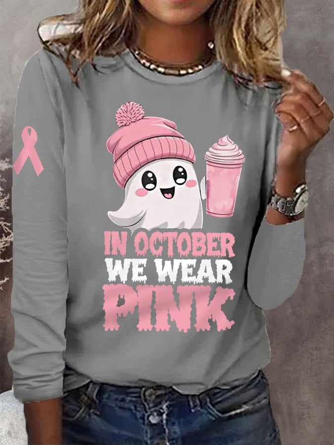 Women's In October We Wear Pink Halloween Ghost Breast Cancer Awareness Warrior Long-Sleeve T-Shirt