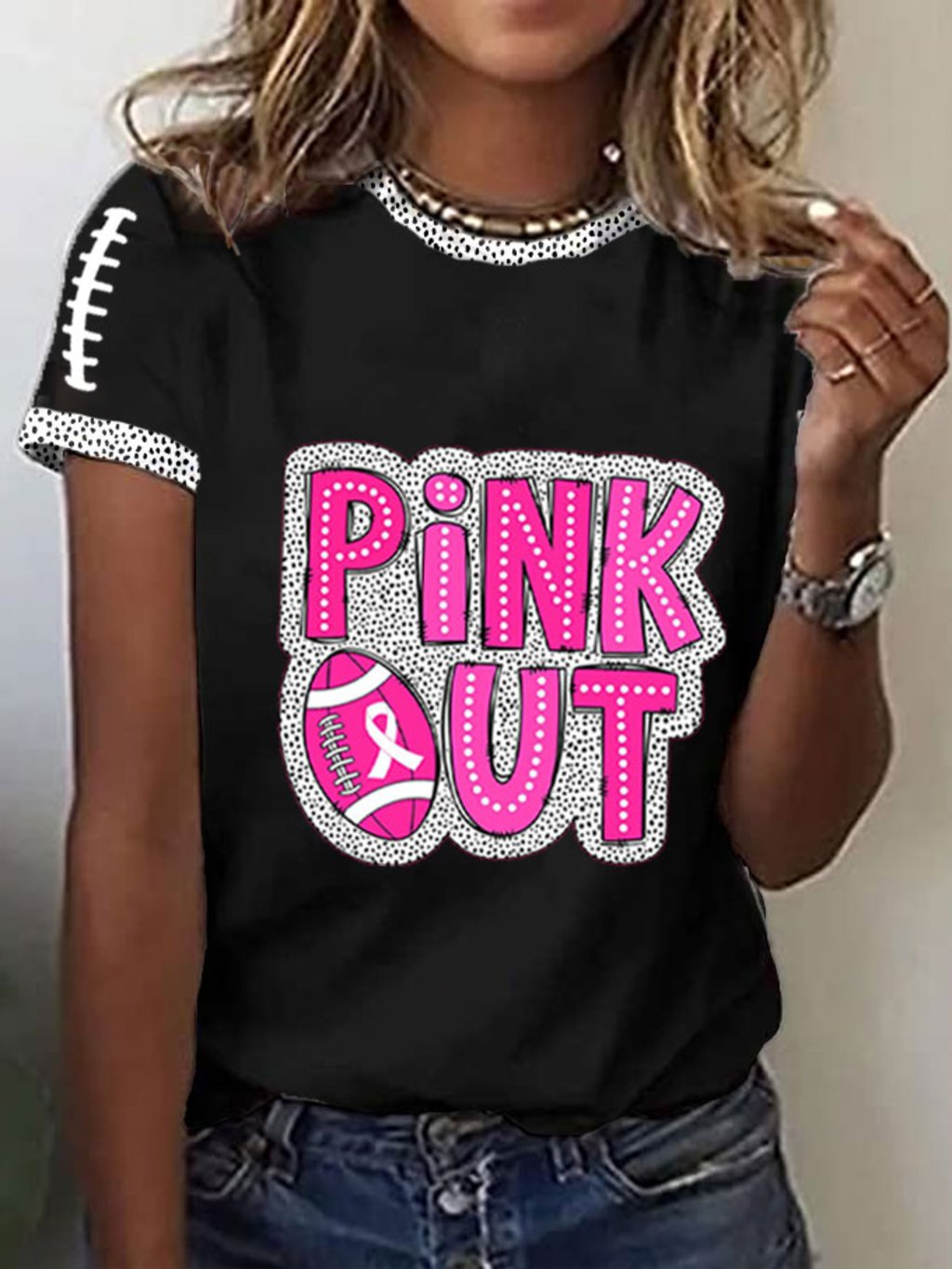 Women's Pink Out Football Breast Cancer Print T-Shirt