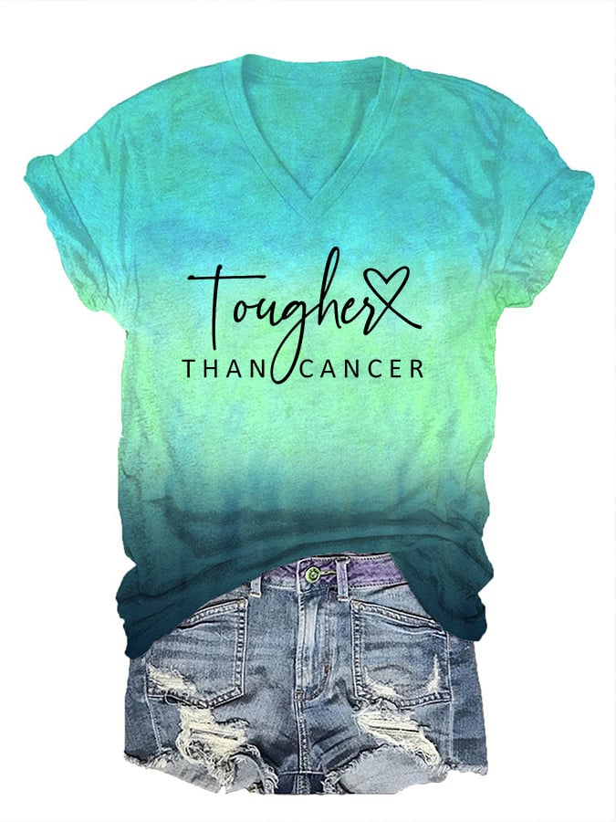 Women's Tougher Than Cancer Print V-Neck T-Shirt
