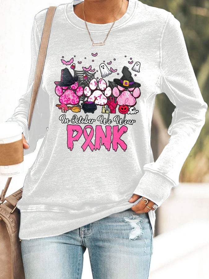 Women's In October We Wear Pink Breast Cancer Awareness Print Casual Sweatshirt