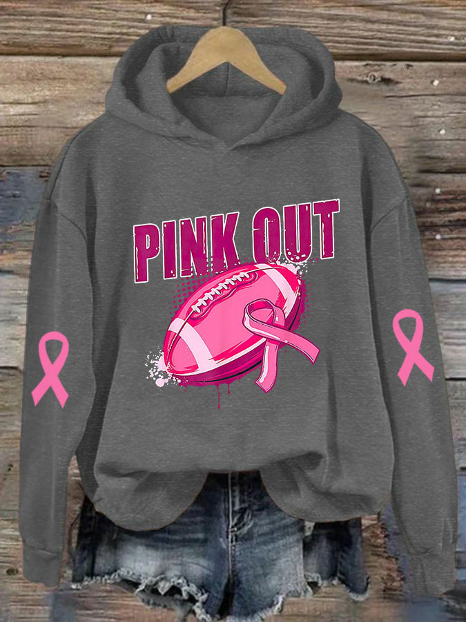 Women's Pink Out Breast Cancer Football Print Casual Hoodie