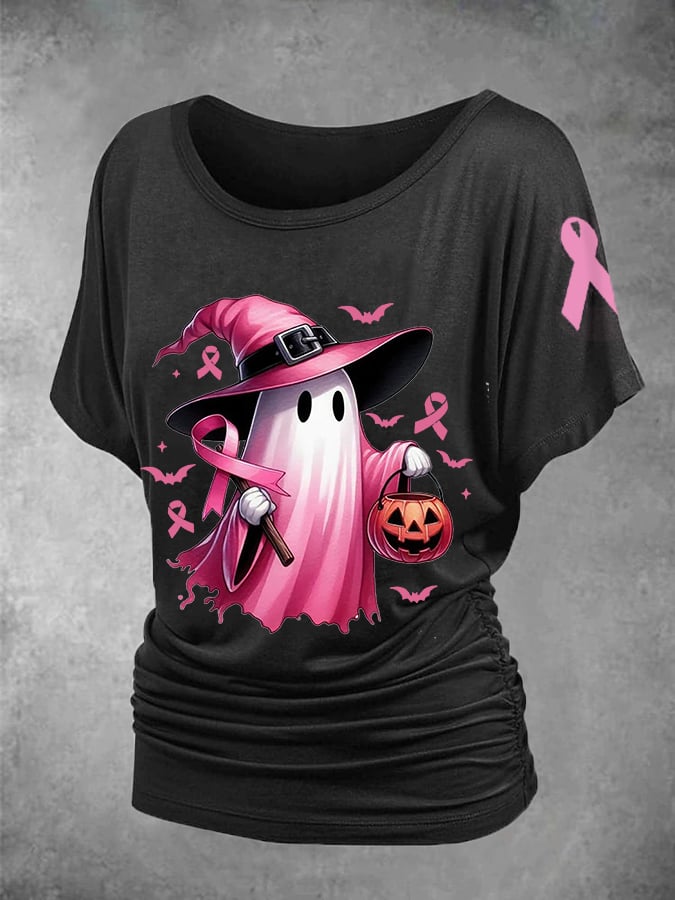 Women's Pink Halloween Ghost Breast Cancer Awareness Warrior Dolman Sleeve Smocked Top