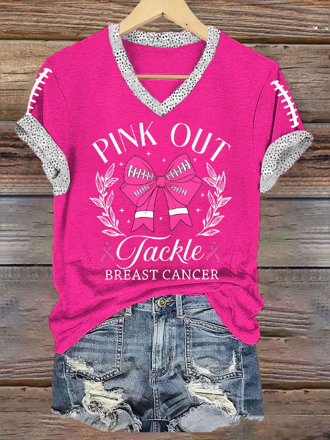 Women's Pink Out Tackle Breast Cancer Bow Football Print V-Neck Tee