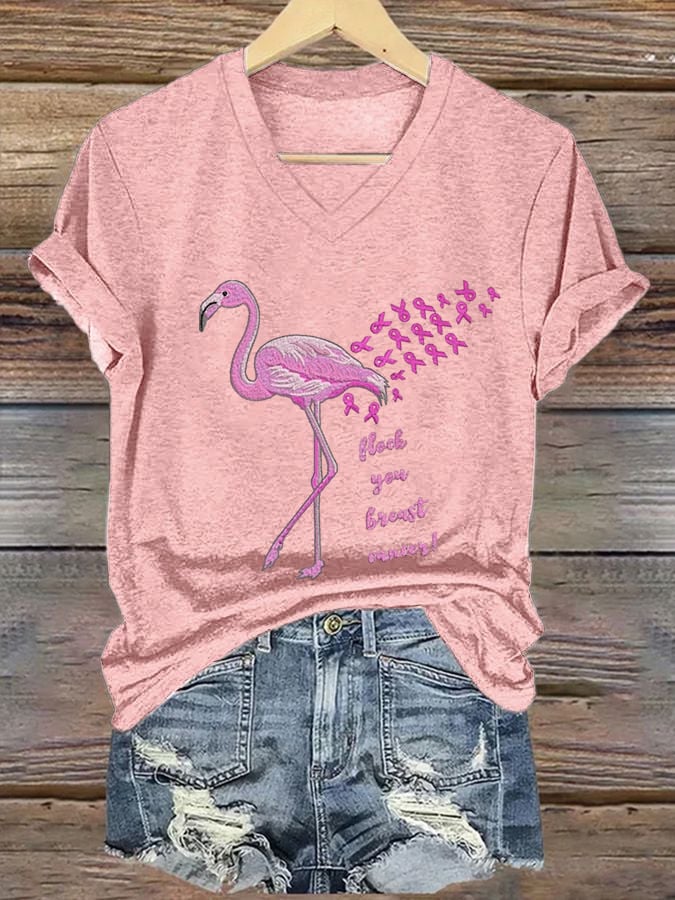 Women's Breast Cancer Flamingo Print casual T-shirt