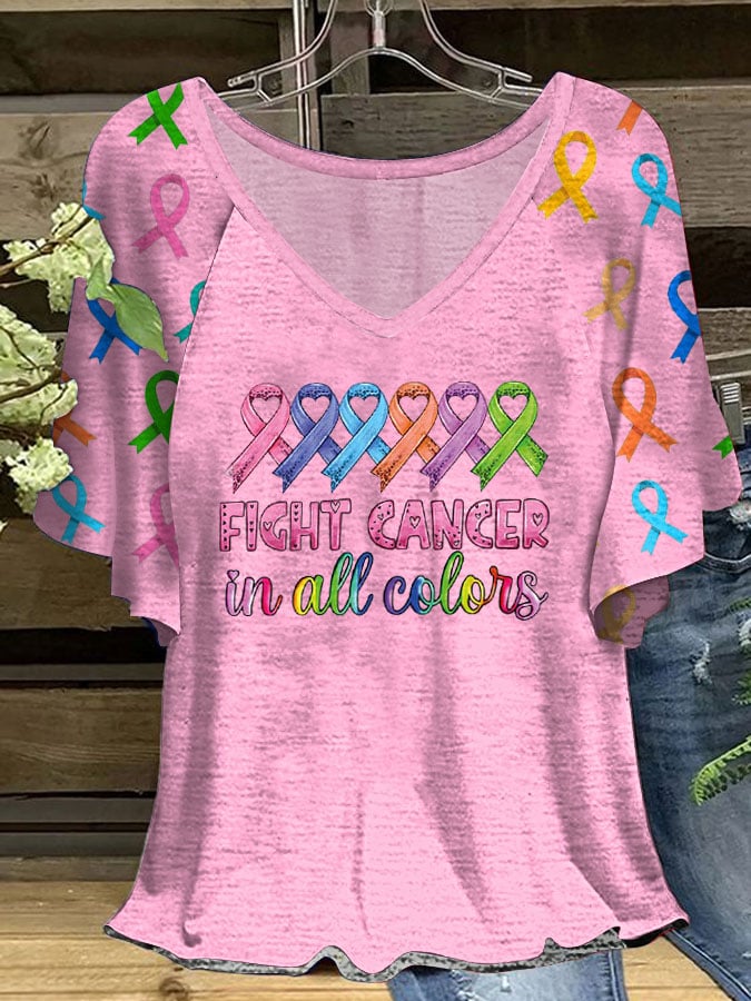 Women's Cancer Awareness Ruffle Sleeve T-Shirt