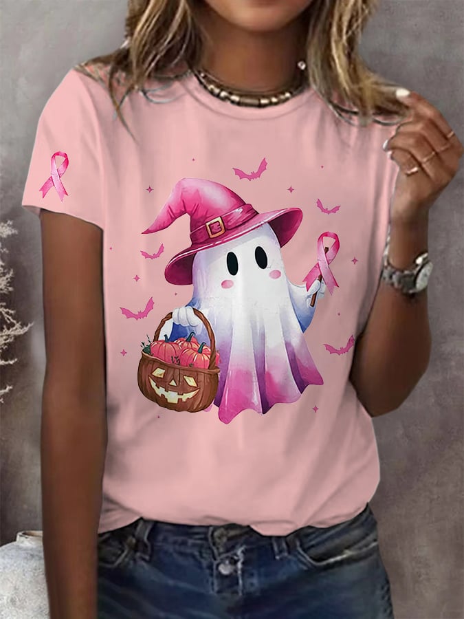 Women'S Boo To Cancer Pink Printed T-Shirt