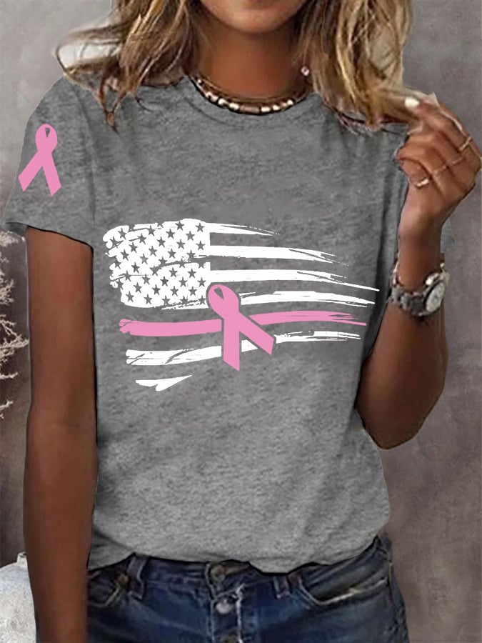 Women's Pink Ribbon Breast Cancer Awareness American Flag Tee