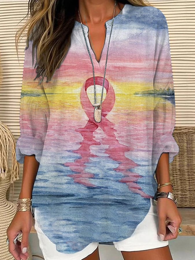 Women's Breast Cancer Awareness Print Casual Long Sleeve V-Neck Shirt