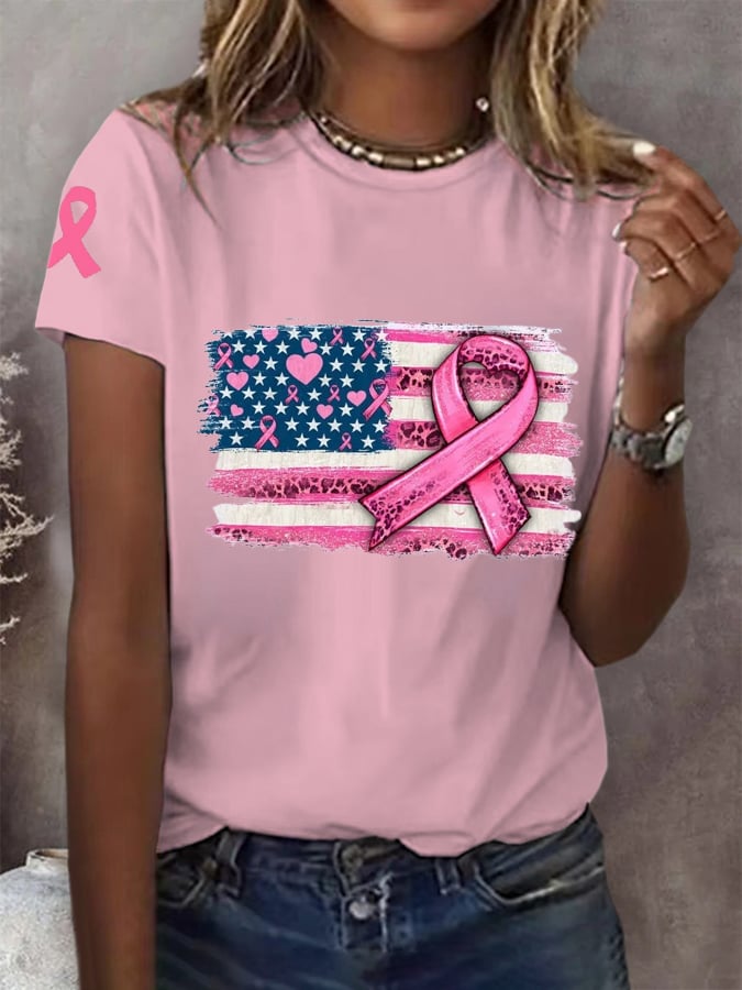Women's Breast Cancer Flag Print T-Shirt