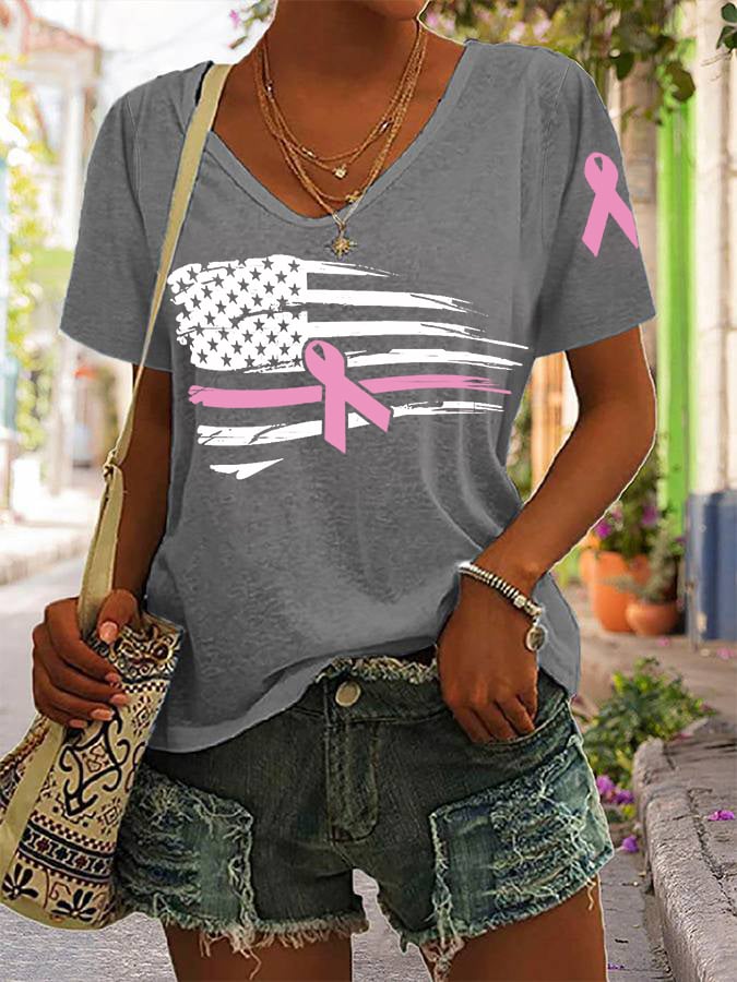 Women's Pink Ribbon American Flag Breast Cancer Awareness Warrior V-Neck Tee