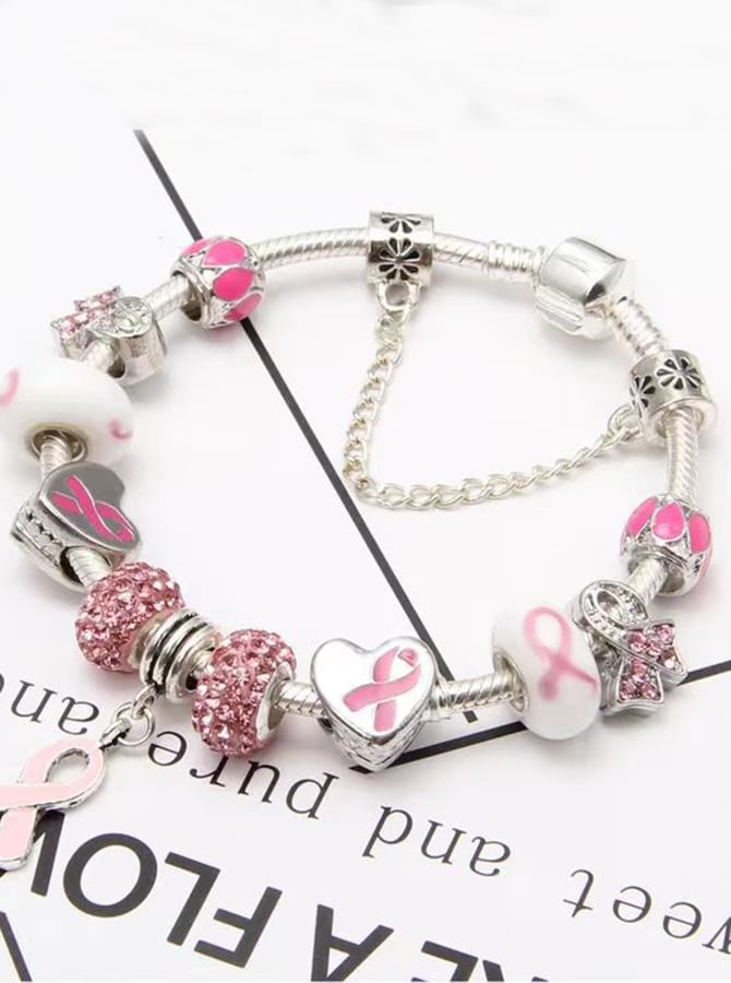 Breast Cancer Red Ribbon Beaded Bracelet
