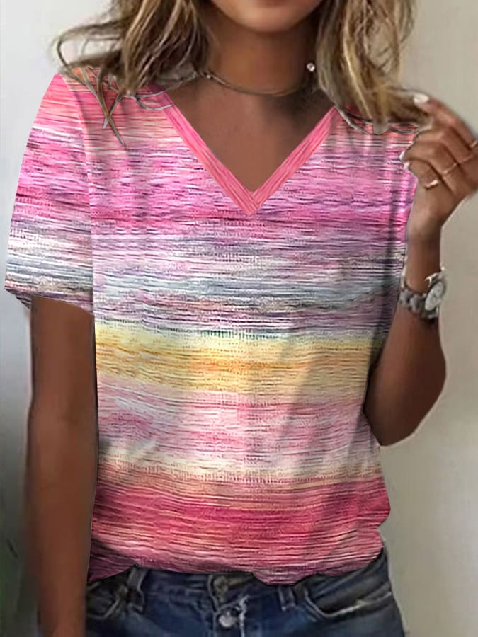 Women's Breast Pink Stripe Print Casual V-Neck T-Shirt