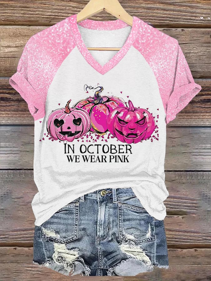 Women's In October We Wear Pink Pumpkin Breast Cancer Awareness Warrior Glitter Print V-Neck Tee