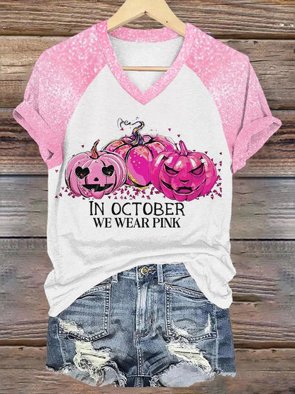 Women's In October We Wear Pink Pumpkin Breast Cancer Awareness Warrior Glitter Print V-Neck Tee