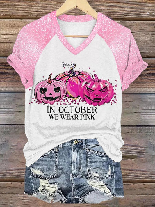Women's In October We Wear Pink Pumpkin Breast Cancer Awareness Warrior Glitter Print V-Neck Tee