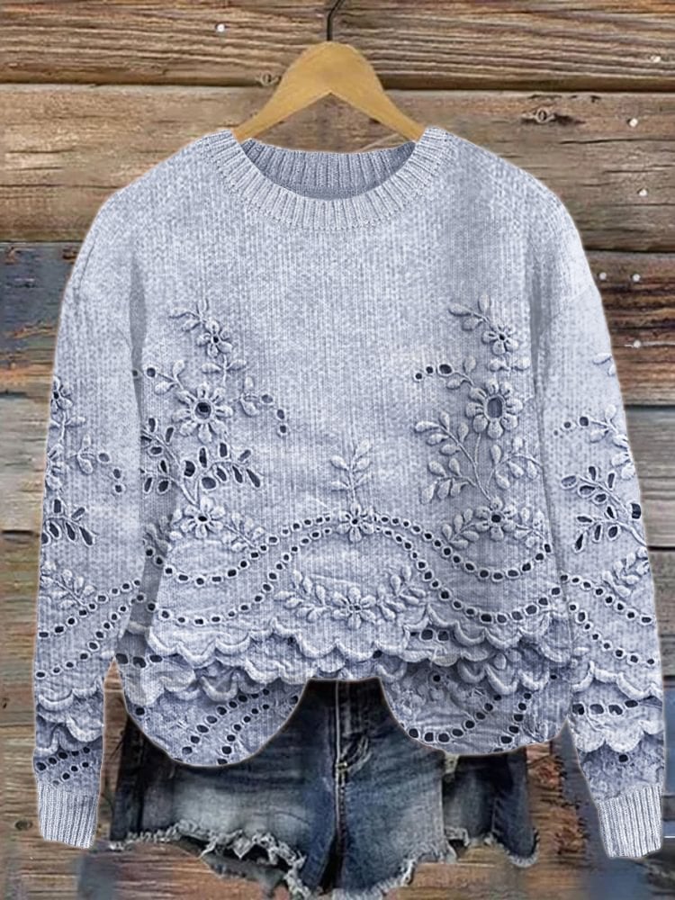 Women'S Retro 3d Floral Cozy Knitted Sweater