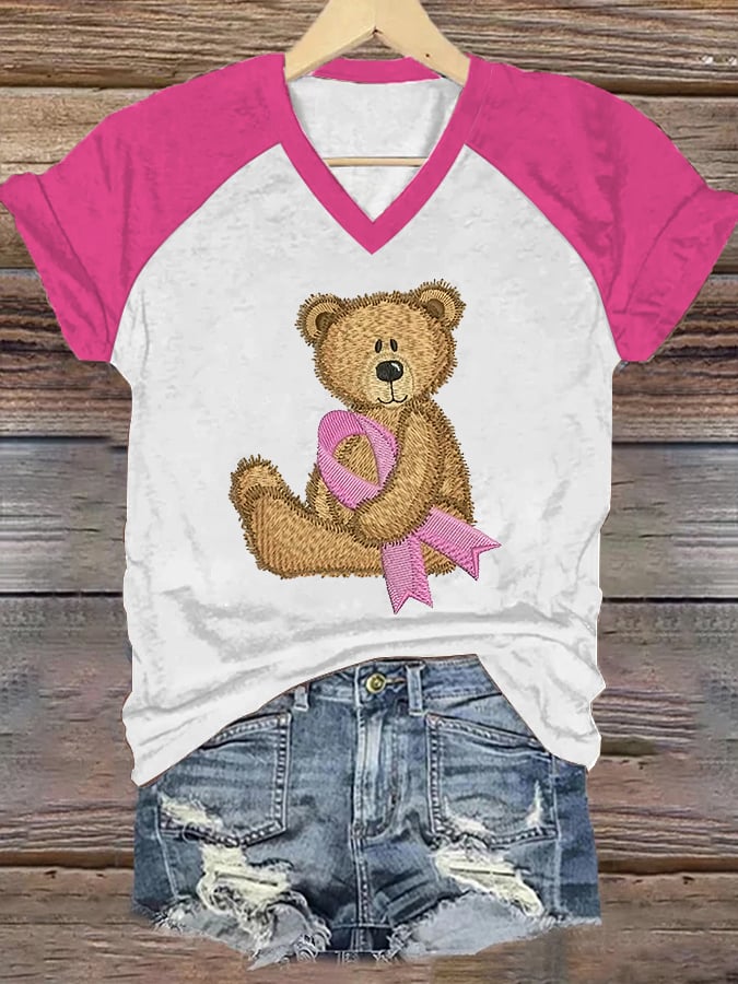 Women's Bear Breast Cancer Awareness Print Casual V-Neck T-Shirt