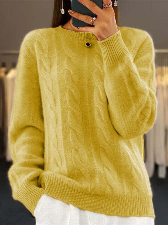 Women's Round Neck Solid Color Retro Twist Pullover Sweater