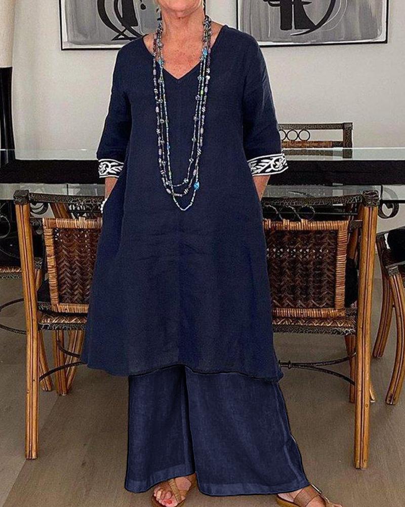 Fashionable Casual Loose V Neck Two Piece Set