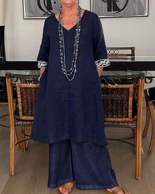 Fashionable Casual Loose V Neck Two Piece Set