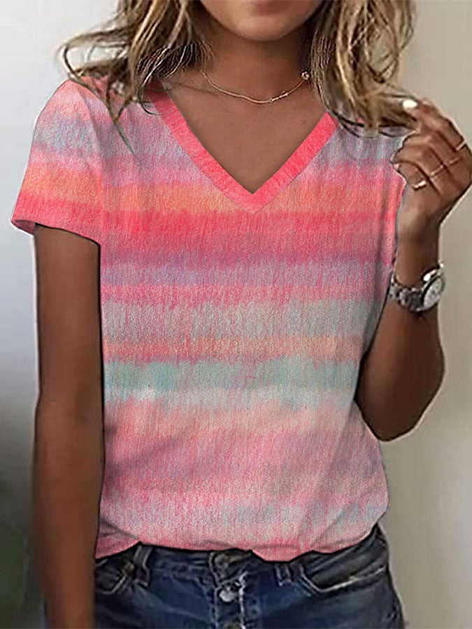 Women's Breast Cancer Colorful Stripe Print V Neck T-Shirt