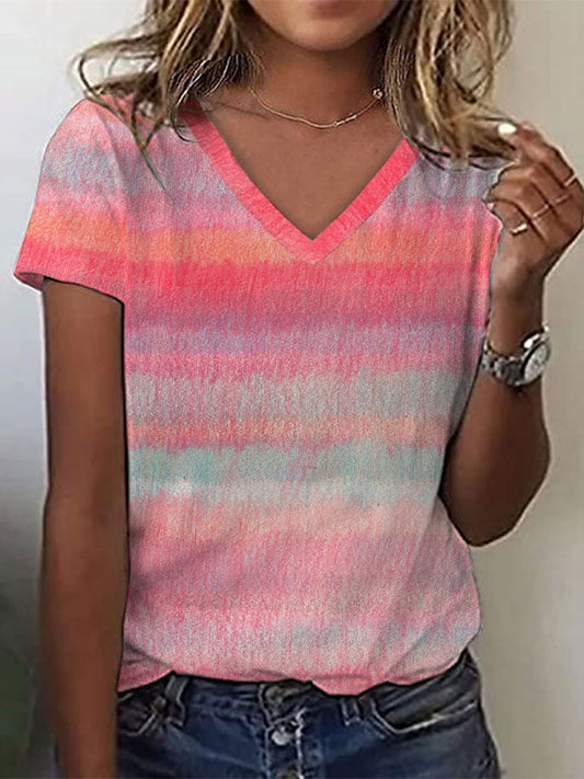 Women's Breast Cancer Colorful Stripe Print V Neck T-Shirt