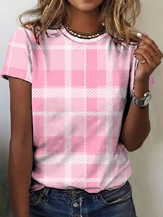 Women's Pink Plaid Breast Cancer Awareness Print Tee