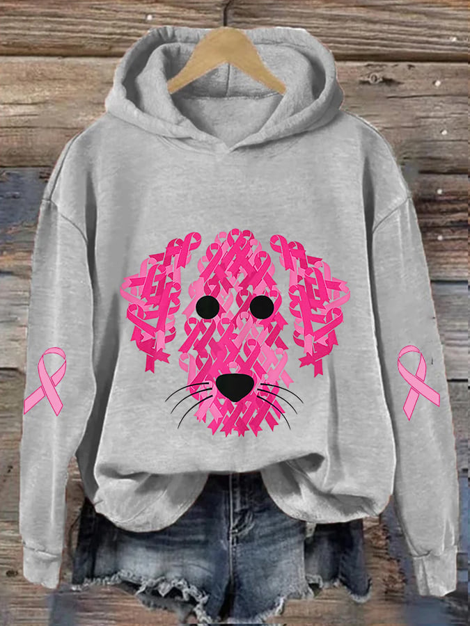 Women's Pink Ribbon Dog Breast Cancer Awareness Print Casual Hoodie