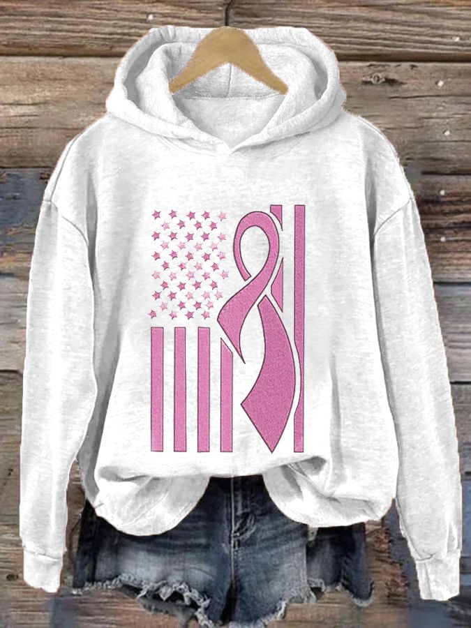 Women's USA Flag Pink Ribbon Breast Cancer Awareness Print Hoodie
