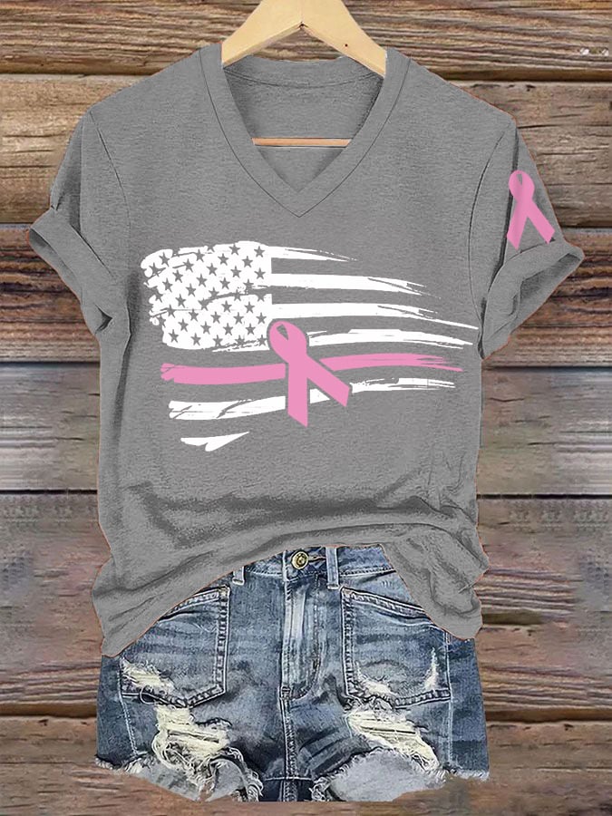 Women's Pink Ribbon American Flag Breast Cancer Awareness Warrior V-Neck Tee