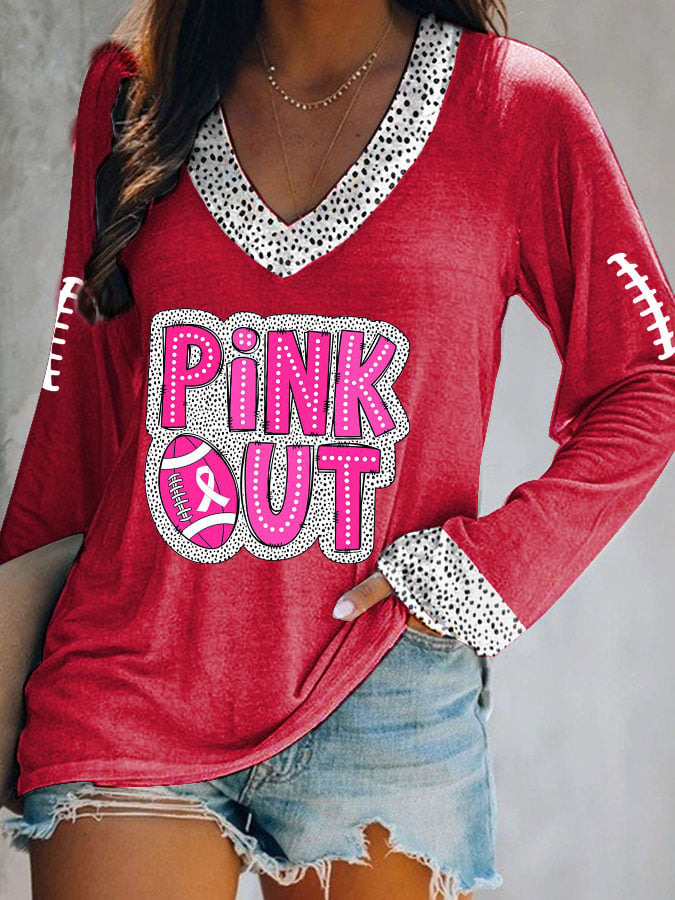 Women's Pink Out Football Breast Cancer Printed V-Neck Long Sleeve Top
