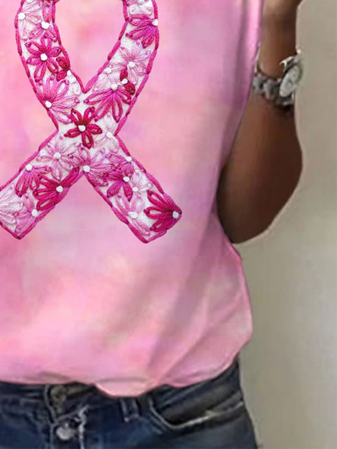 Women's Breast Cancer Awareness Flower Print Casual T-Shirt