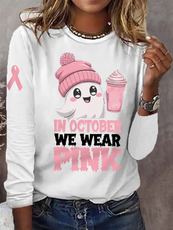 Women's In October We Wear Pink Halloween Ghost Breast Cancer Awareness Warrior Long-Sleeve T-Shirt