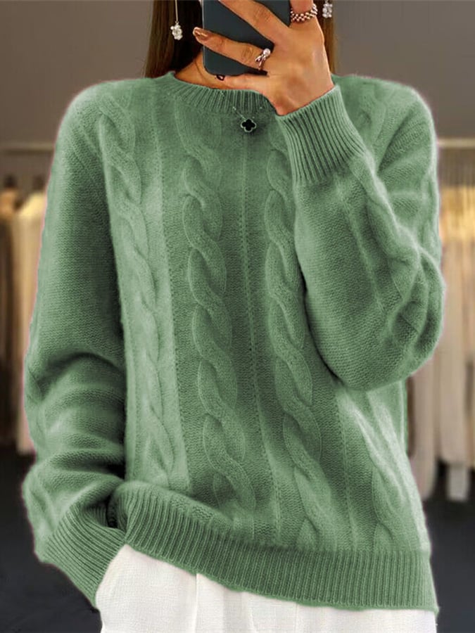 Women's Round Neck Solid Color Retro Twist Pullover Sweater