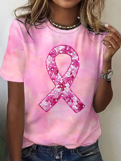 Women's Breast Cancer Awareness Flower Print Casual T-Shirt
