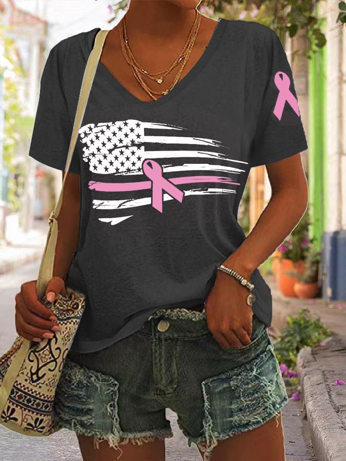 Women's Pink Ribbon American Flag Breast Cancer Awareness Warrior V-Neck Tee