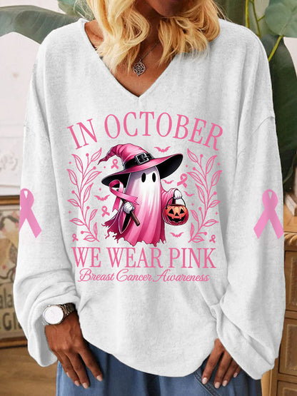 Women's In October We Wear Pink Halloween Ghost Breast Cancer Awareness Warrior V-Neck Top