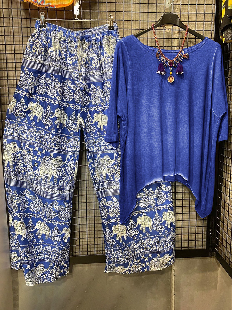 Short Sleeve Casual Top With Printed Pants Two-piece Set