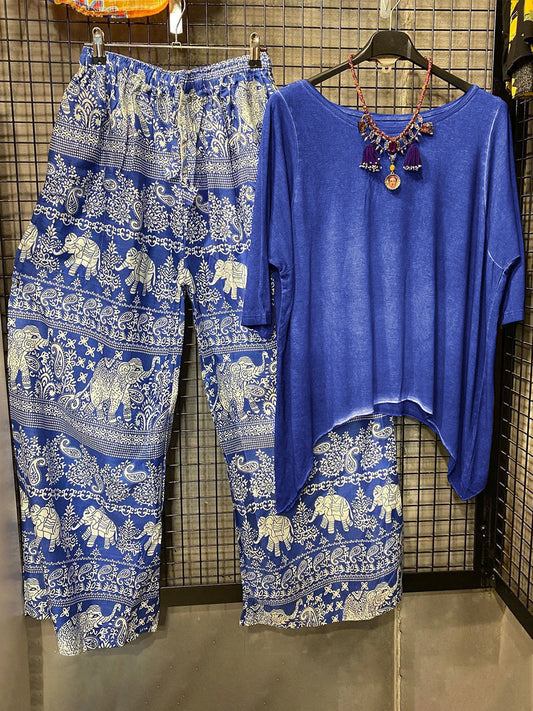 Short Sleeve Casual Top With Printed Pants Two-piece Set