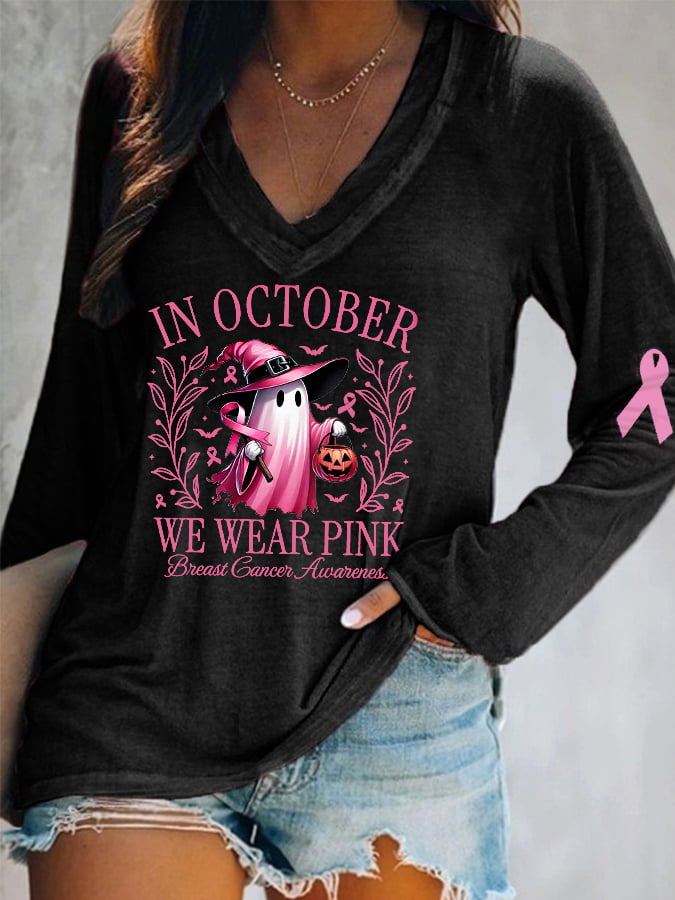 Women's In October We Wear Pink Halloween Ghost Breast Cancer Awareness Warrior Long-Sleeve Top